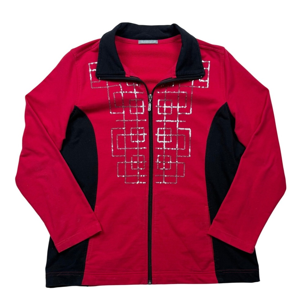 Y2K Three Hearts Red Black Sequin Geometric Full Zip Jacket